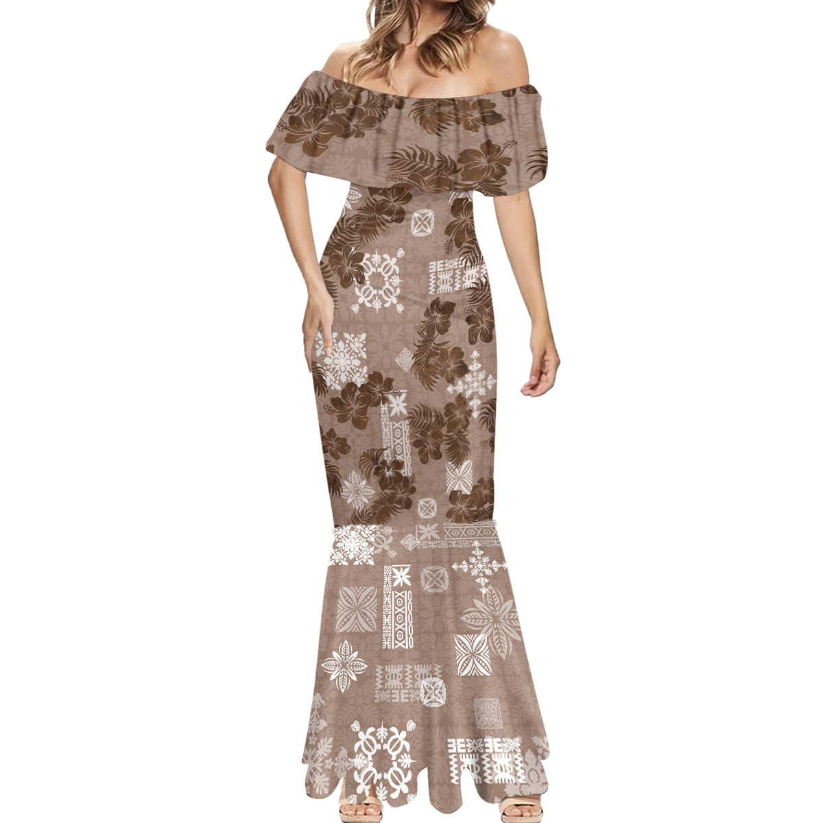 Vintage Hawaii Mermaid Dress Hibiscus Mix Hawaiian Quilt Patches - Brown - Wonder Print Shop