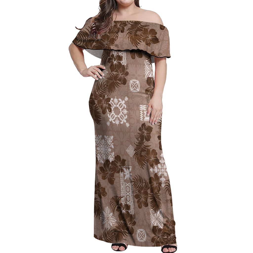 Vintage Hawaii Off Shoulder Maxi Dress Hibiscus Mix Hawaiian Quilt Patches - Brown - Wonder Print Shop