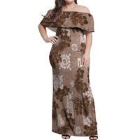 Vintage Hawaii Off Shoulder Maxi Dress Hibiscus Mix Hawaiian Quilt Patches - Brown - Wonder Print Shop