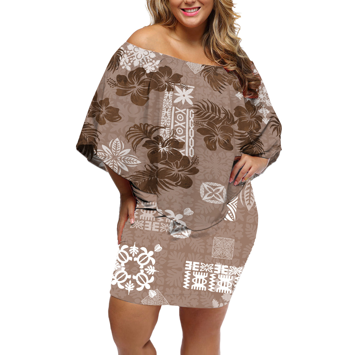 Vintage Hawaii Off Shoulder Short Dress Hibiscus Mix Hawaiian Quilt Patches - Brown - Wonder Print Shop