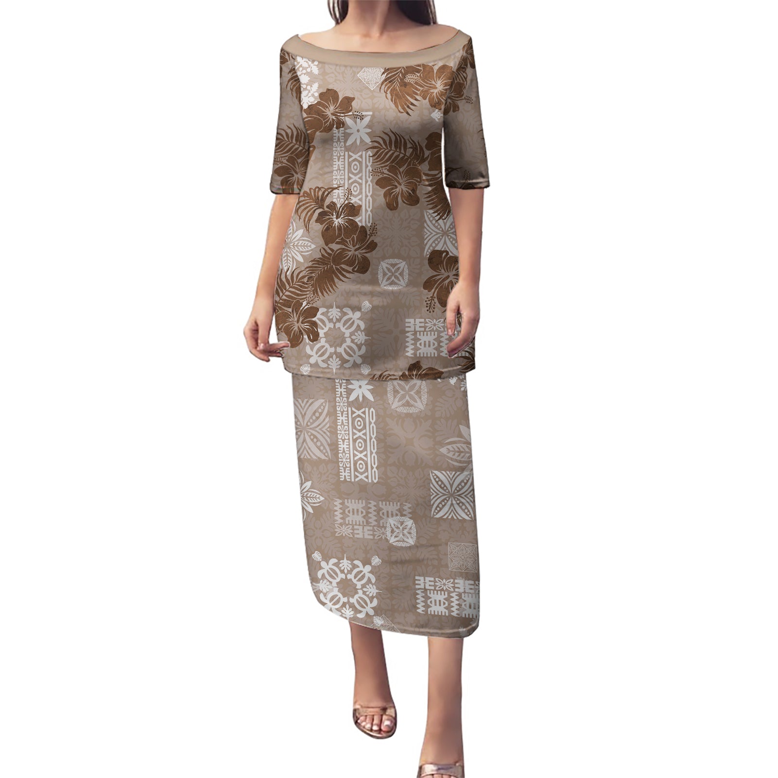 Vintage Hawaii Puletasi Hibiscus Mix Hawaiian Quilt Patches - Brown - Wonder Print Shop