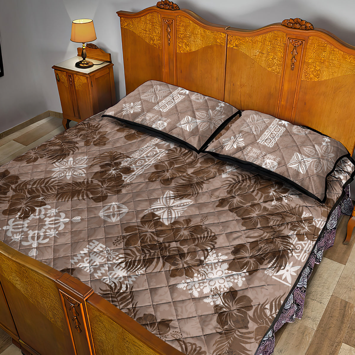 Vintage Hawaii Quilt Bed Set Hibiscus Mix Hawaiian Quilt Patches - Brown - Wonder Print Shop