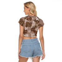 Vintage Hawaii Raglan Cropped T Shirt Hibiscus Mix Hawaiian Quilt Patches - Brown - Wonder Print Shop