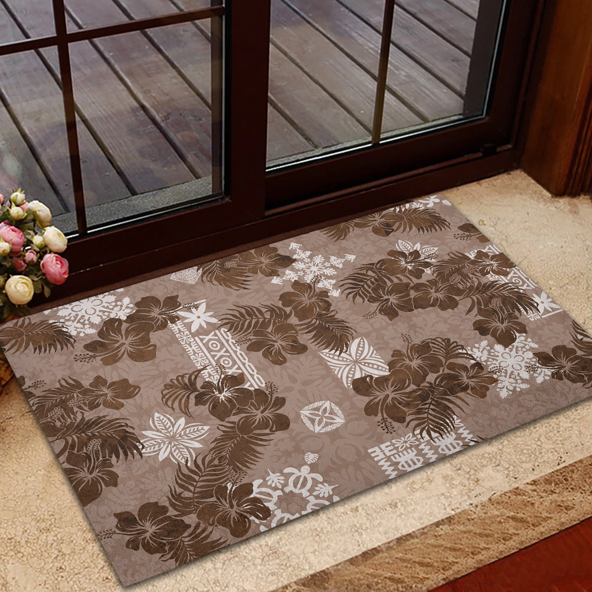 Vintage Hawaii Rubber Doormat Hibiscus Mix Hawaiian Quilt Patches - Brown - Wonder Print Shop