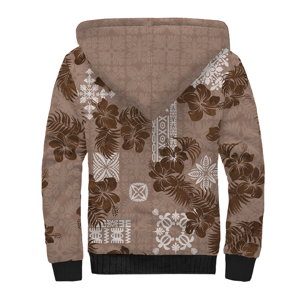 Vintage Hawaii Sherpa Hoodie Hibiscus Mix Hawaiian Quilt Patches - Brown - Wonder Print Shop