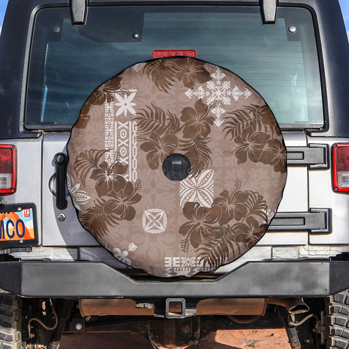 Vintage Hawaii Spare Tire Cover Hibiscus Mix Hawaiian Quilt Patches - Brown - Wonder Print Shop