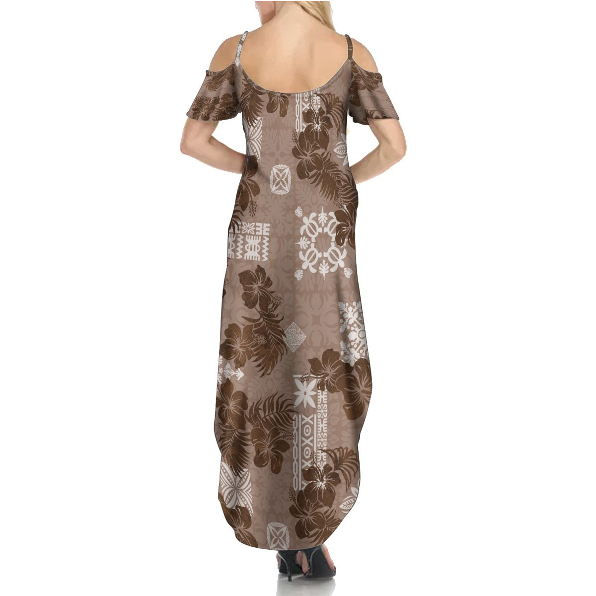 Vintage Hawaii Summer Maxi Dress Hibiscus Mix Hawaiian Quilt Patches - Brown - Wonder Print Shop