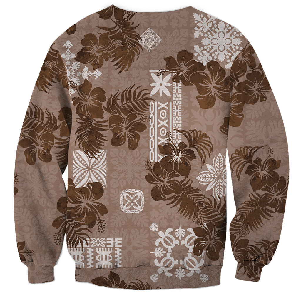 Vintage Hawaii Sweatshirt Hibiscus Mix Hawaiian Quilt Patches - Brown - Wonder Print Shop