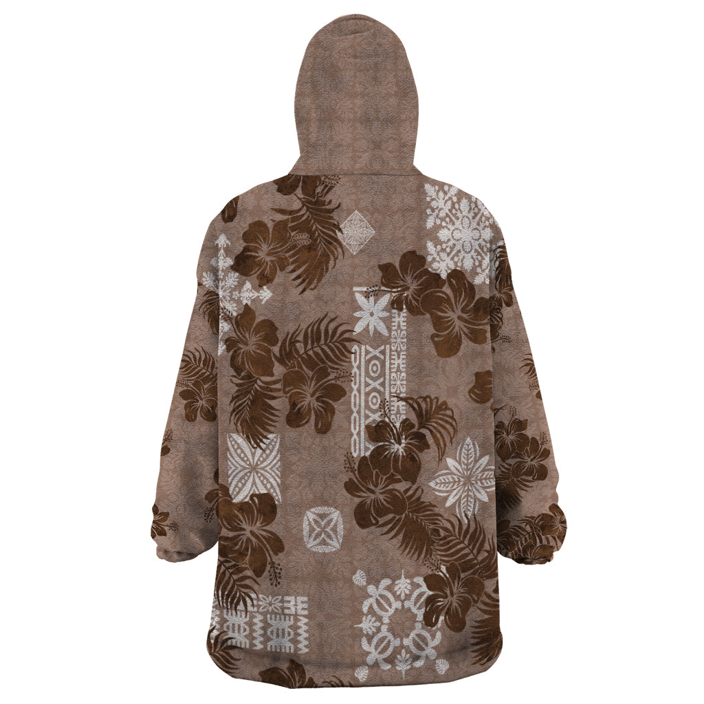 Vintage Hawaii Wearable Blanket Hoodie Hibiscus Mix Hawaiian Quilt Patches - Brown - Wonder Print Shop