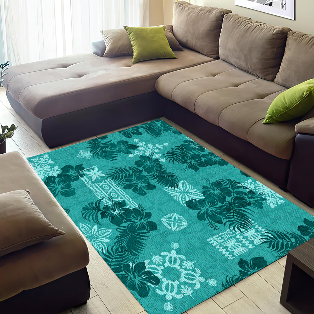 Vintage Hawaii Area Rug Hibiscus Mix Hawaiian Quilt Patches - Teal LT7 - Wonder Print Shop