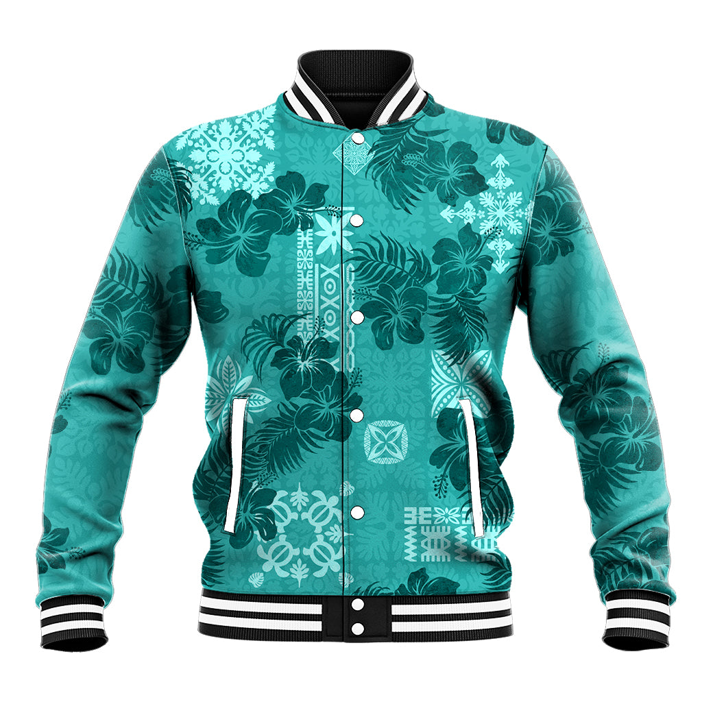 Vintage Hawaii Baseball Jacket Hibiscus Mix Hawaiian Quilt Patches - Teal LT7 - Wonder Print Shop