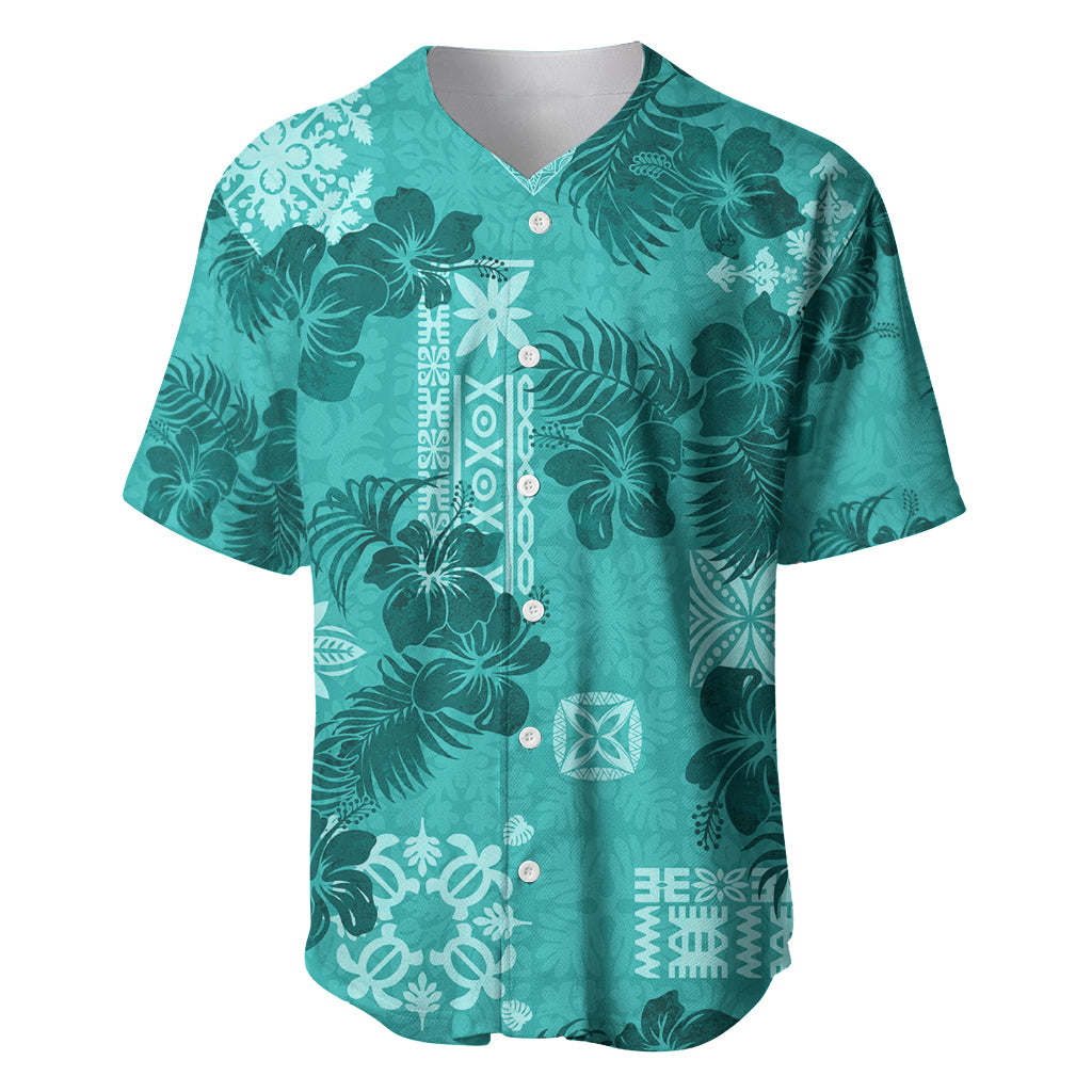 Vintage Hawaii Baseball Jersey Hibiscus Mix Hawaiian Quilt Patches - Teal LT7 - Wonder Print Shop