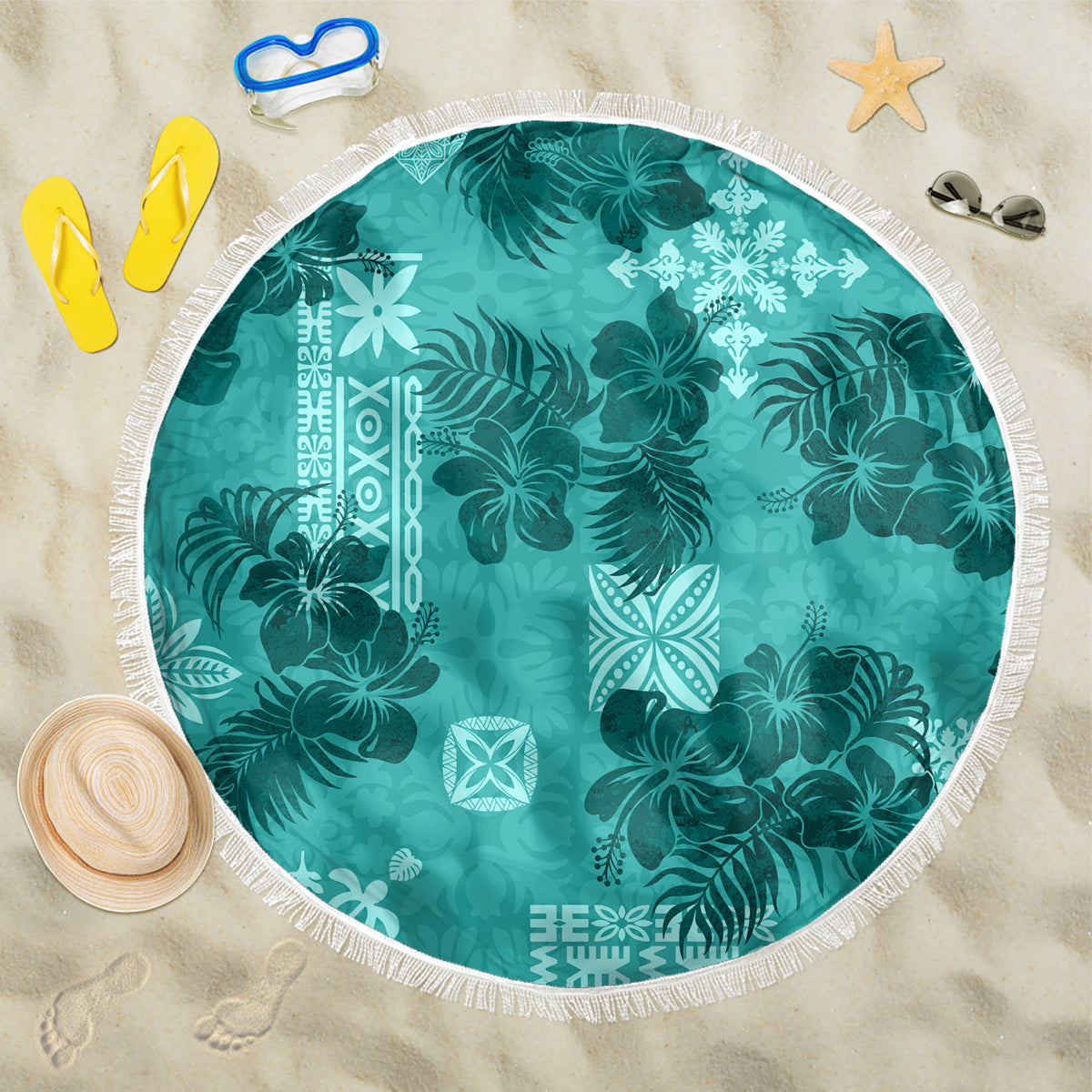 Vintage Hawaii Beach Blanket Hibiscus Mix Hawaiian Quilt Patches - Teal LT7 - Wonder Print Shop