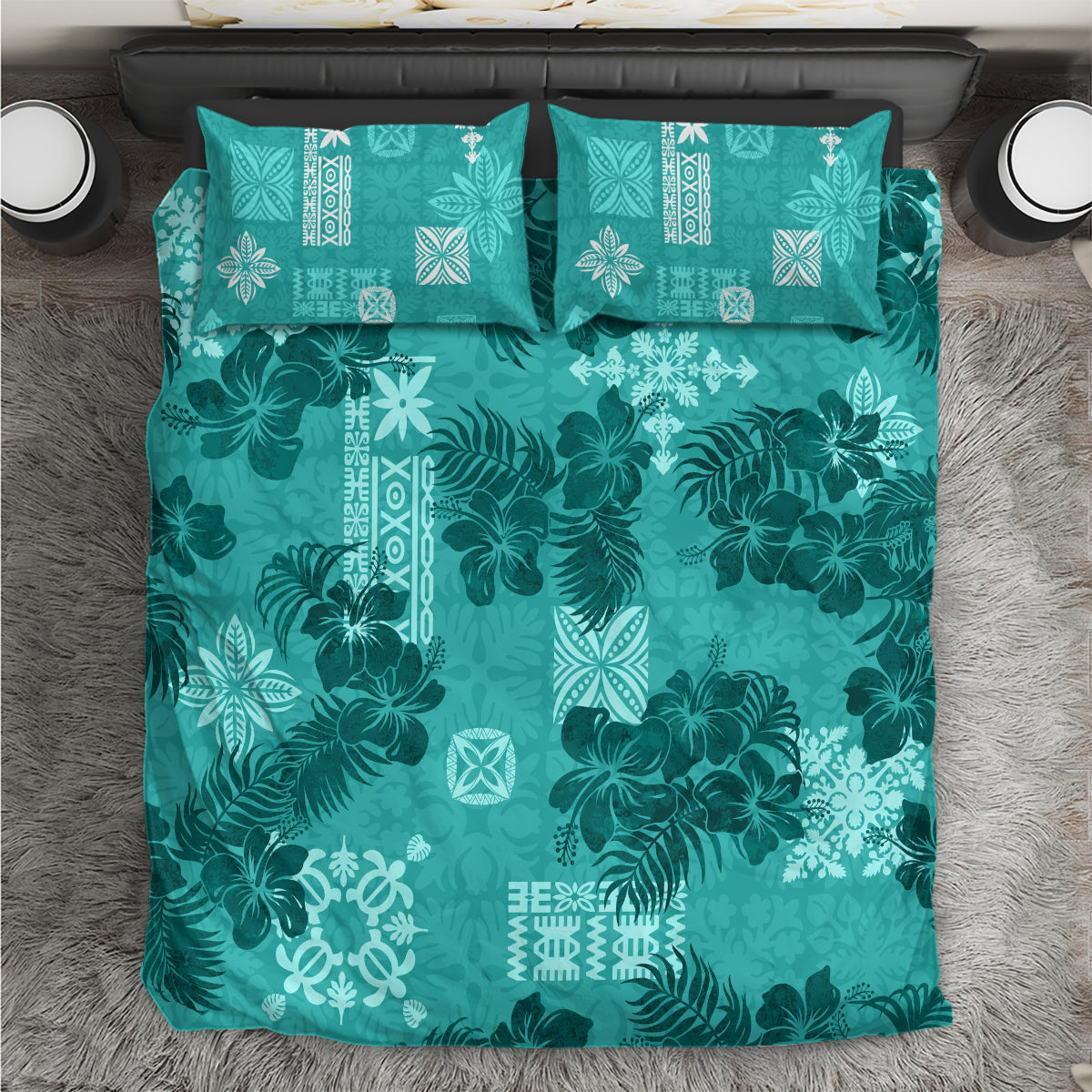 Vintage Hawaii Bedding Set Hibiscus Mix Hawaiian Quilt Patches - Teal LT7 - Wonder Print Shop