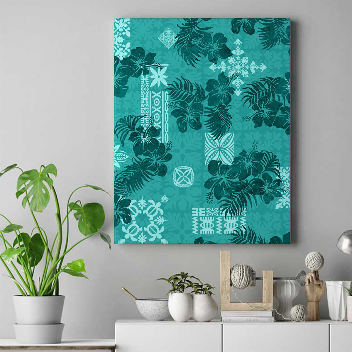 Vintage Hawaii Canvas Wall Art Hibiscus Mix Hawaiian Quilt Patches - Teal LT7 - Wonder Print Shop