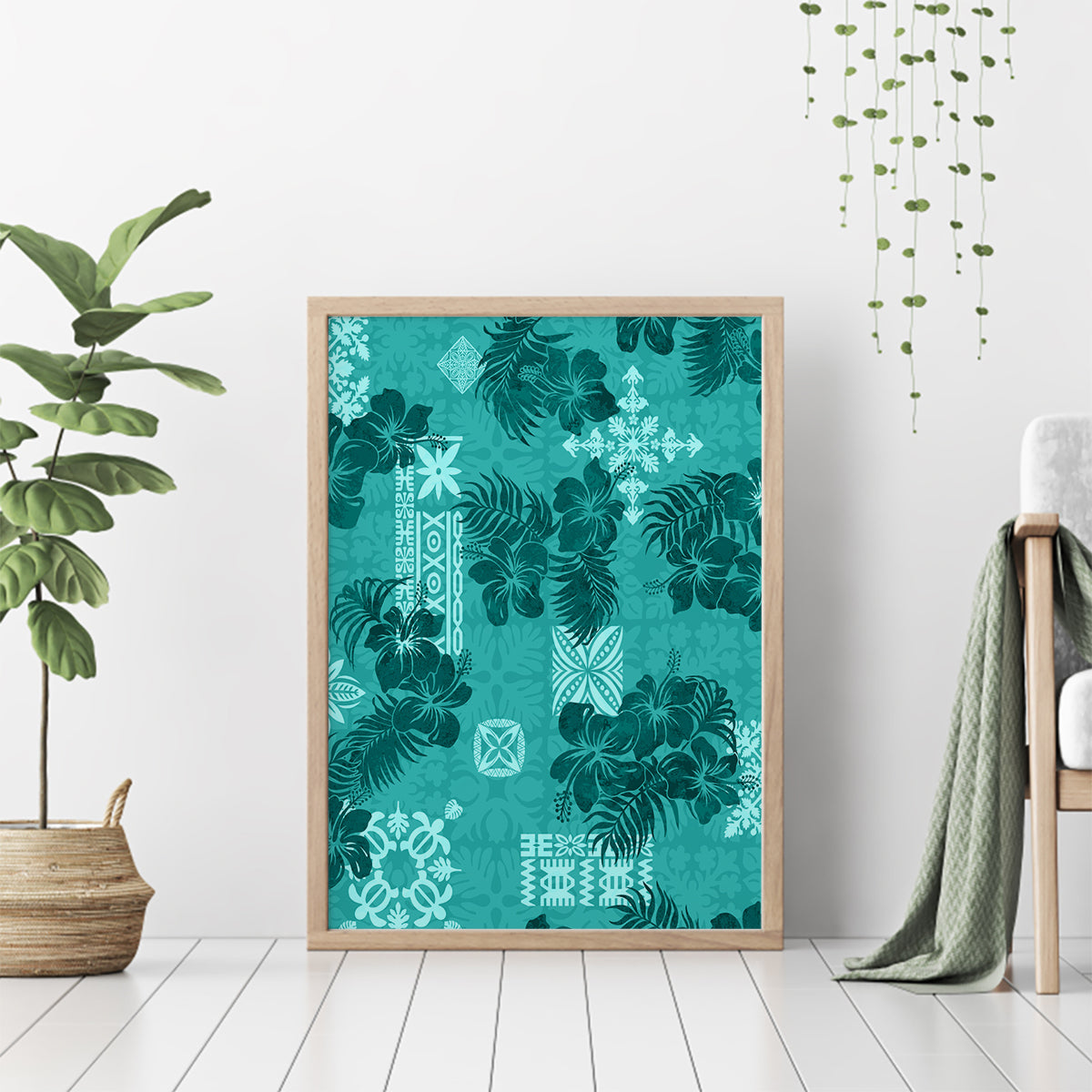 Vintage Hawaii Canvas Wall Art Hibiscus Mix Hawaiian Quilt Patches - Teal LT7 - Wonder Print Shop