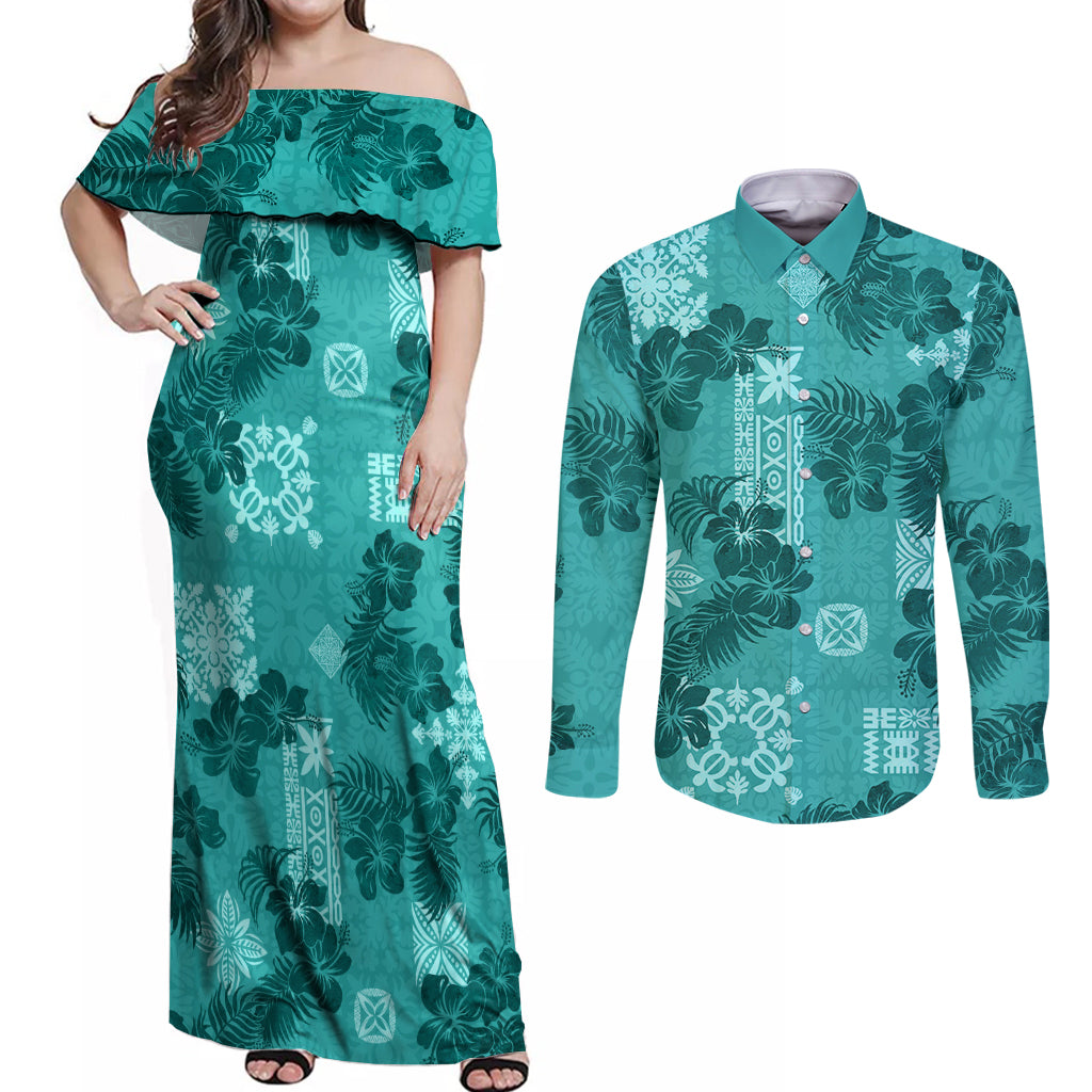 Vintage Hawaii Couples Matching Off Shoulder Maxi Dress and Long Sleeve Button Shirt Hibiscus Mix Hawaiian Quilt Patches - Teal LT7 - Wonder Print Shop