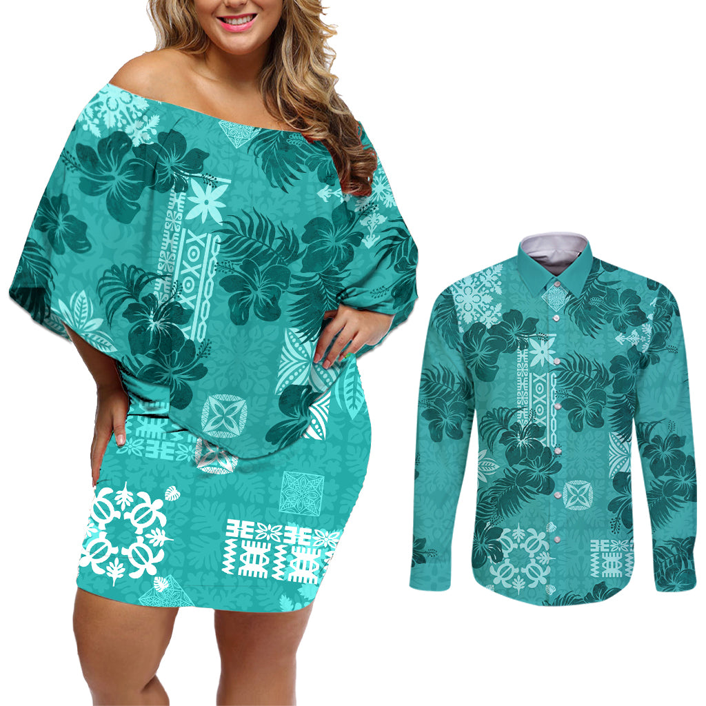Vintage Hawaii Couples Matching Off Shoulder Short Dress and Long Sleeve Button Shirt Hibiscus Mix Hawaiian Quilt Patches - Teal LT7 - Wonder Print Shop