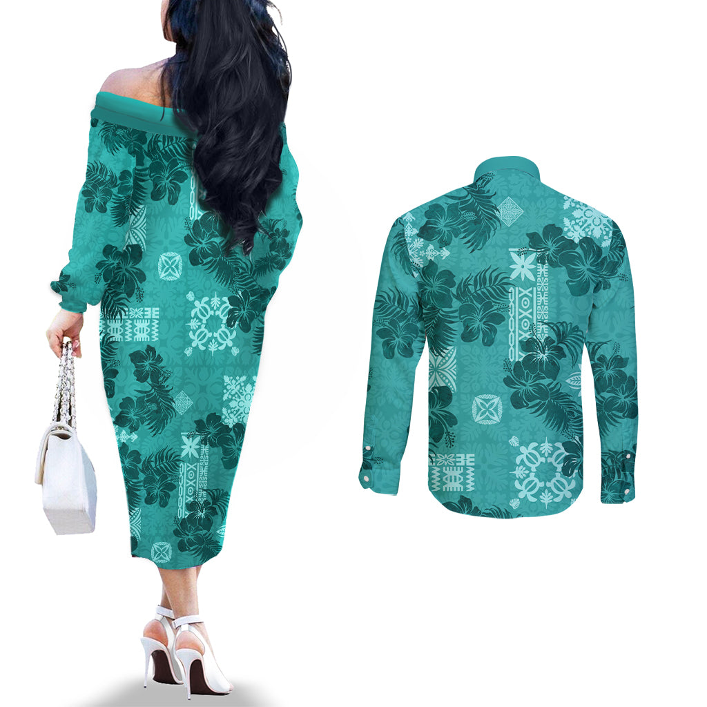 vintage-hawaii-couples-matching-off-the-shoulder-long-sleeve-dress-and-long-sleeve-button-shirt-hibiscus-mix-hawaiian-quilt-patches-teal