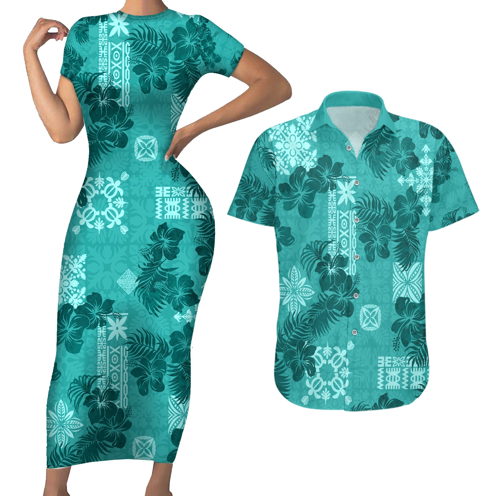 Vintage Hawaii Couples Matching Short Sleeve Bodycon Dress and Hawaiian Shirt Hibiscus Mix Hawaiian Quilt Patches - Teal LT7 - Wonder Print Shop