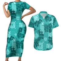 Vintage Hawaii Couples Matching Short Sleeve Bodycon Dress and Hawaiian Shirt Hibiscus Mix Hawaiian Quilt Patches - Teal LT7 - Wonder Print Shop