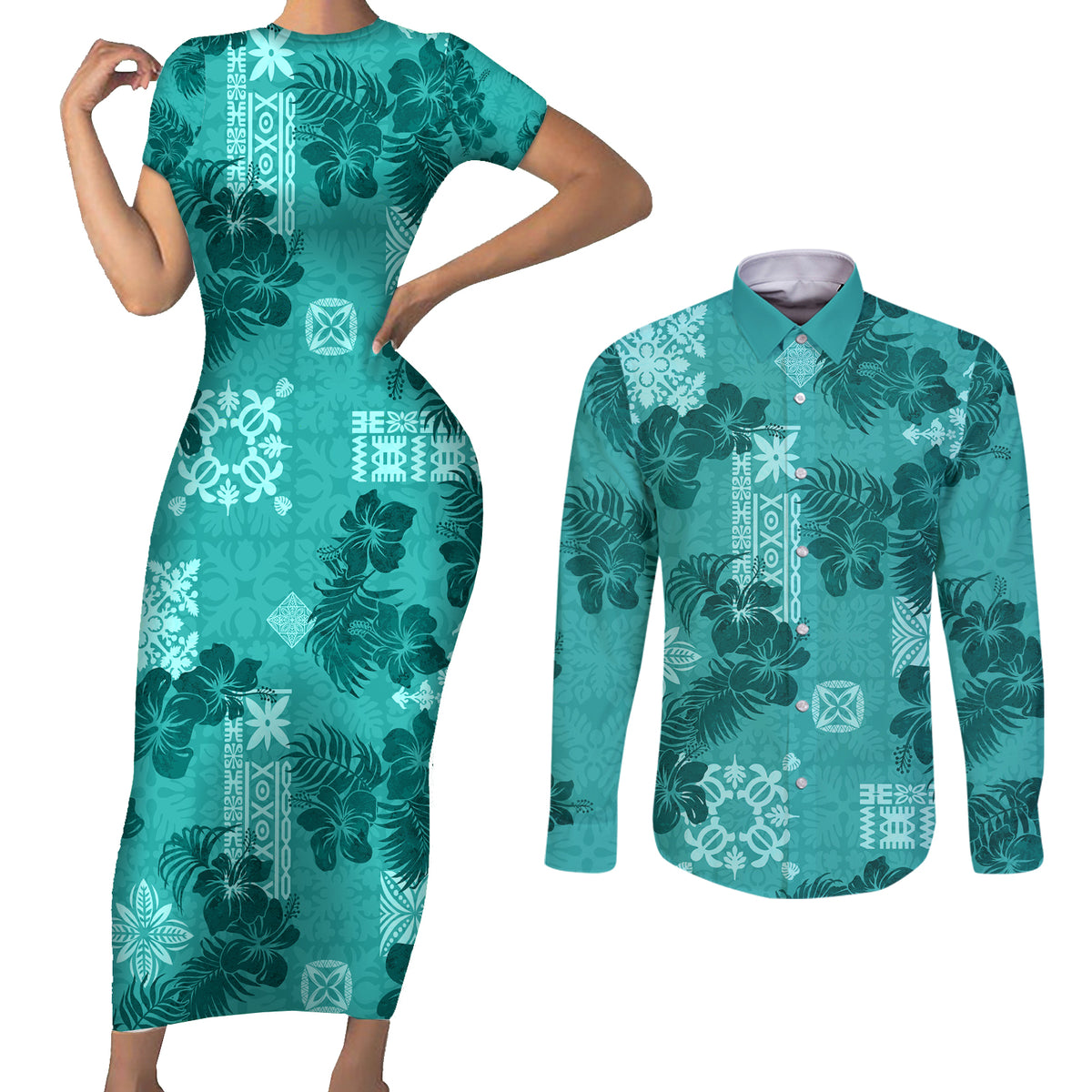 Vintage Hawaii Couples Matching Short Sleeve Bodycon Dress and Long Sleeve Button Shirt Hibiscus Mix Hawaiian Quilt Patches - Teal LT7 - Wonder Print Shop