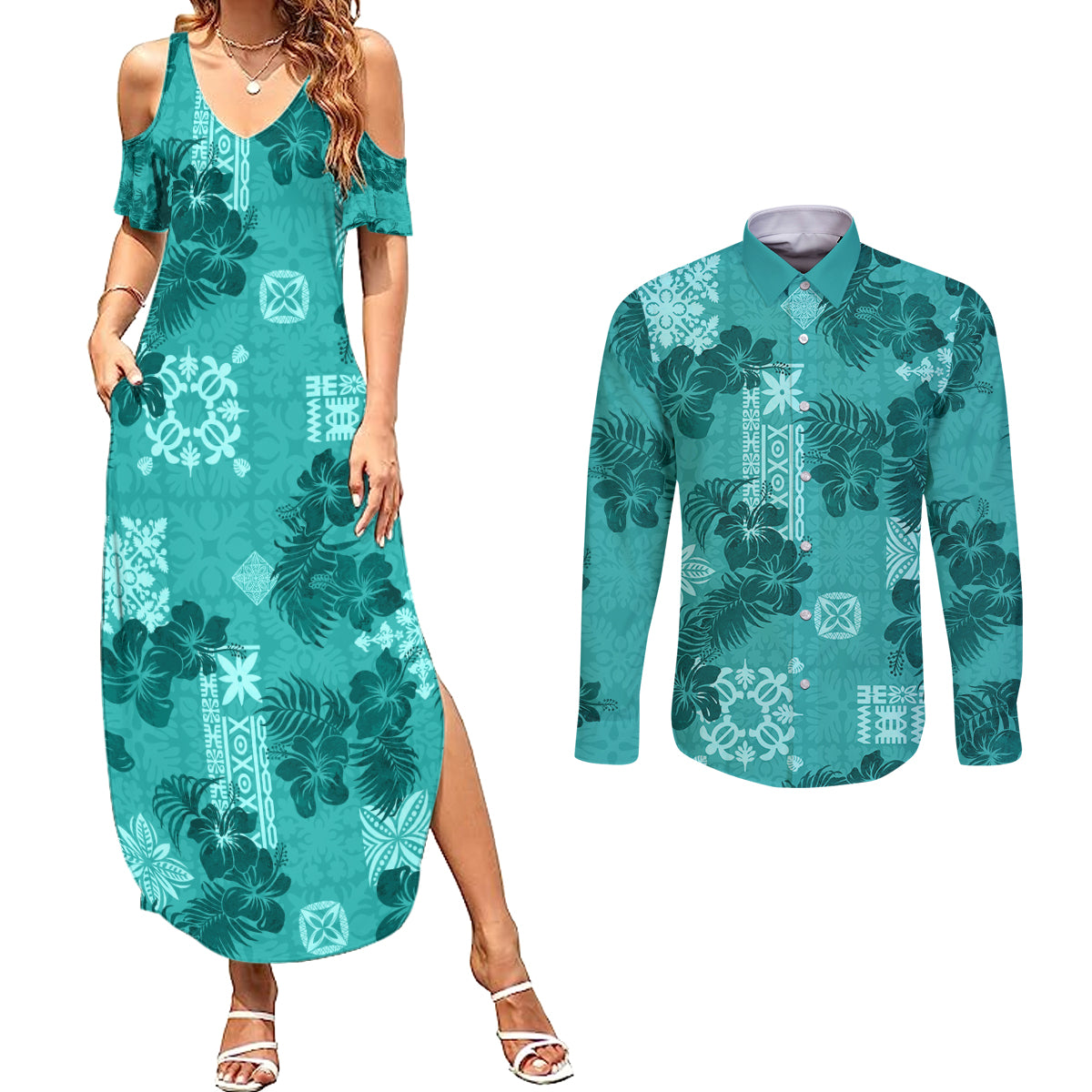 Vintage Hawaii Couples Matching Summer Maxi Dress and Long Sleeve Button Shirt Hibiscus Mix Hawaiian Quilt Patches - Teal LT7 - Wonder Print Shop