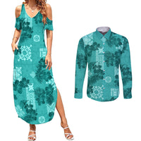 Vintage Hawaii Couples Matching Summer Maxi Dress and Long Sleeve Button Shirt Hibiscus Mix Hawaiian Quilt Patches - Teal LT7 - Wonder Print Shop