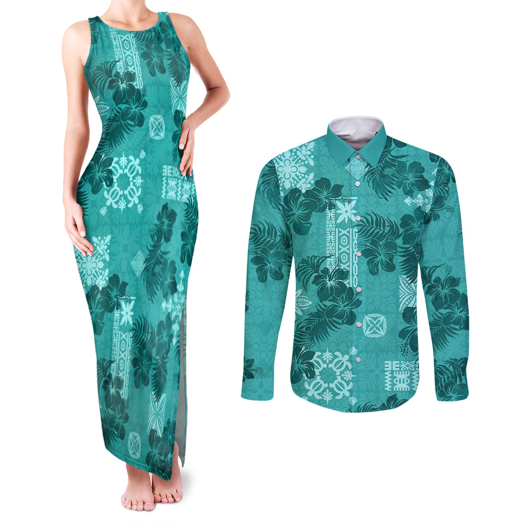 Vintage Hawaii Couples Matching Tank Maxi Dress and Long Sleeve Button Shirt Hibiscus Mix Hawaiian Quilt Patches - Teal LT7 - Wonder Print Shop