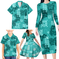 Vintage Hawaii Family Matching Long Sleeve Bodycon Dress and Hawaiian Shirt Hibiscus Mix Hawaiian Quilt Patches - Teal LT7 - Wonder Print Shop