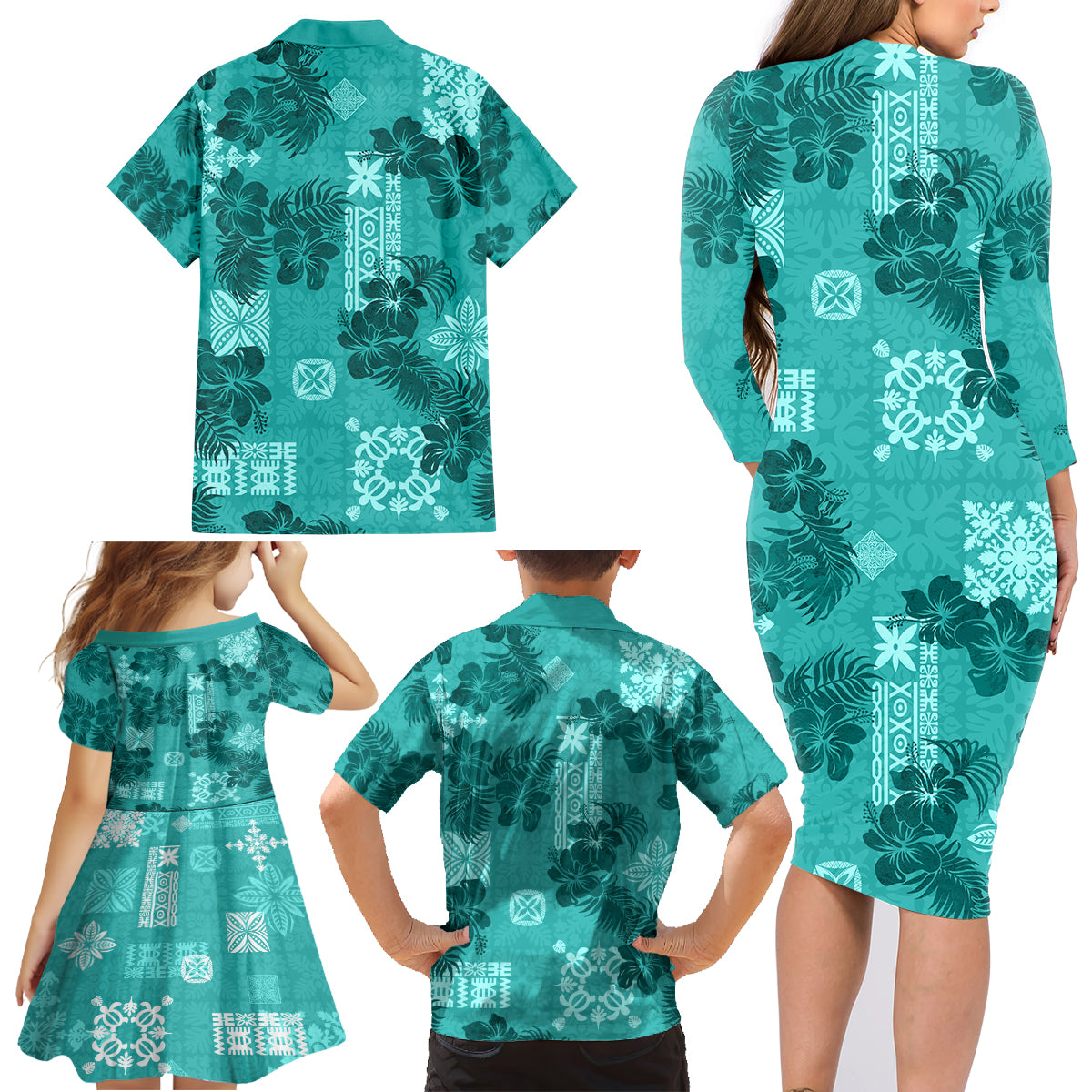 Vintage Hawaii Family Matching Long Sleeve Bodycon Dress and Hawaiian Shirt Hibiscus Mix Hawaiian Quilt Patches - Teal LT7 - Wonder Print Shop