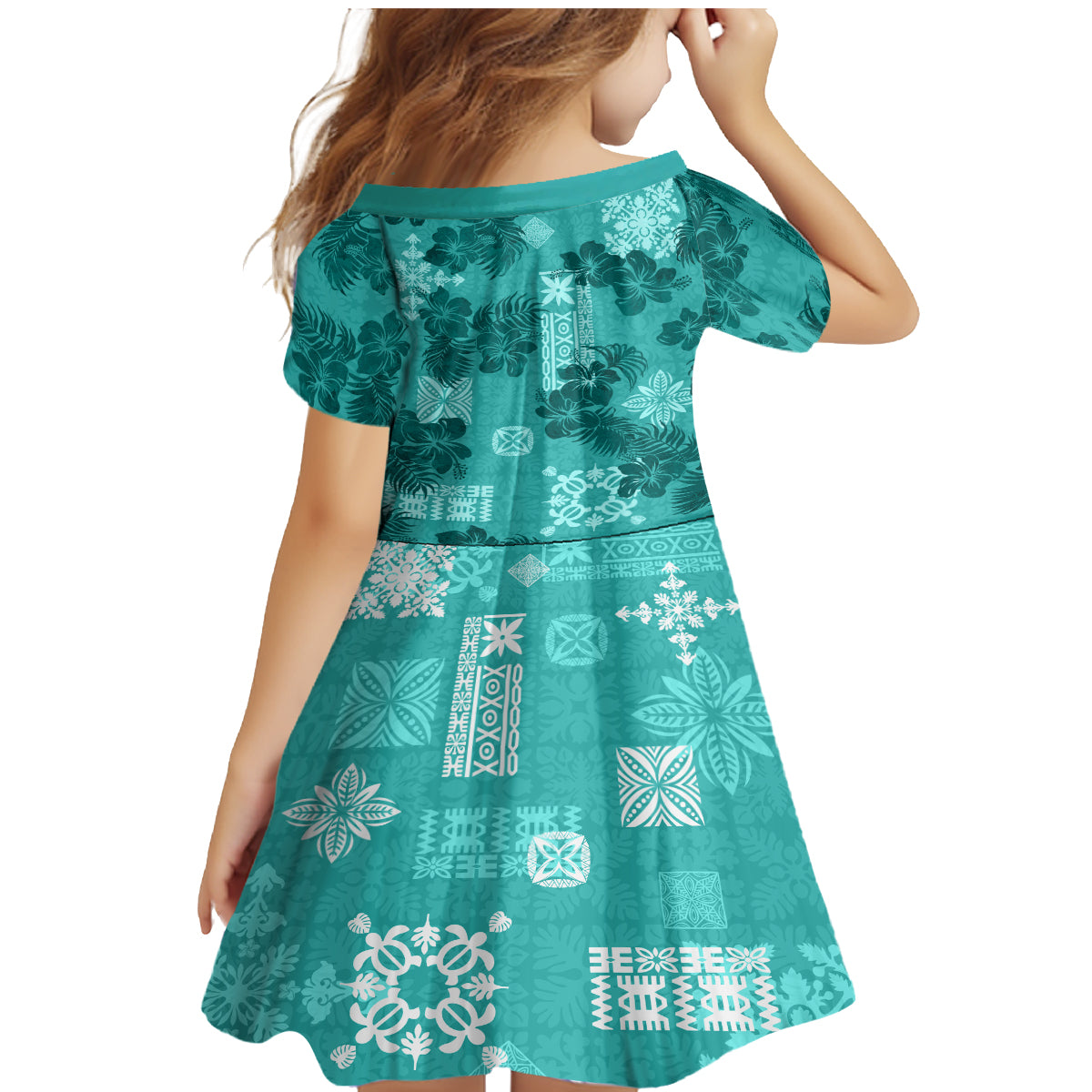 Vintage Hawaii Family Matching Mermaid Dress and Hawaiian Shirt Hibiscus Mix Hawaiian Quilt Patches - Teal LT7 - Wonder Print Shop