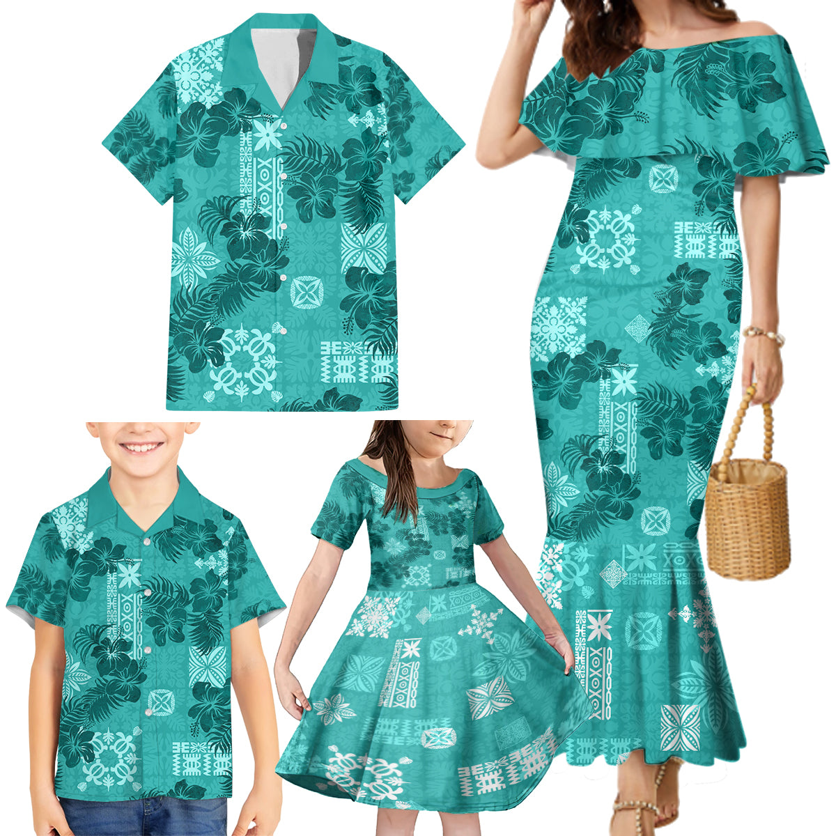 Vintage Hawaii Family Matching Mermaid Dress and Hawaiian Shirt Hibiscus Mix Hawaiian Quilt Patches - Teal LT7 - Wonder Print Shop