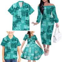 Vintage Hawaii Family Matching Off Shoulder Long Sleeve Dress and Hawaiian Shirt Hibiscus Mix Hawaiian Quilt Patches - Teal - Wonder Print Shop