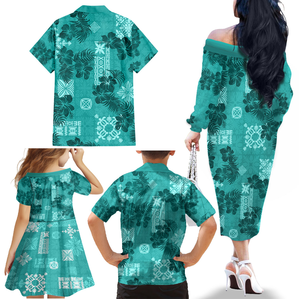 Vintage Hawaii Family Matching Off Shoulder Long Sleeve Dress and Hawaiian Shirt Hibiscus Mix Hawaiian Quilt Patches - Teal - Wonder Print Shop