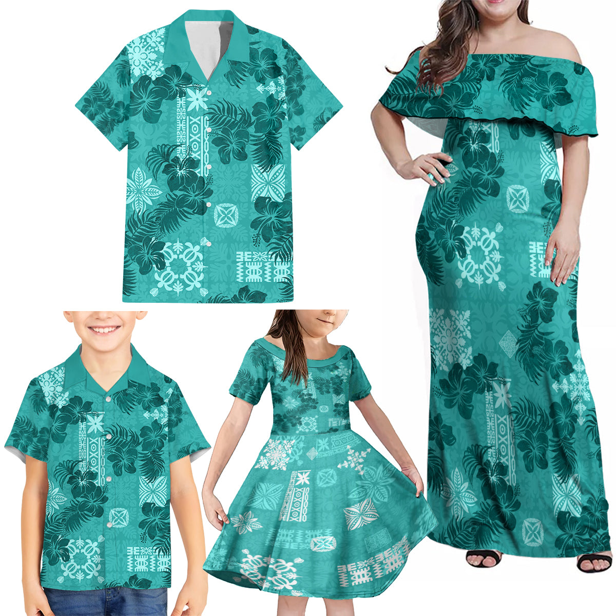 Vintage Hawaii Family Matching Off Shoulder Maxi Dress and Hawaiian Shirt Hibiscus Mix Hawaiian Quilt Patches - Teal LT7 - Wonder Print Shop