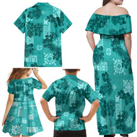 Vintage Hawaii Family Matching Off Shoulder Maxi Dress and Hawaiian Shirt Hibiscus Mix Hawaiian Quilt Patches - Teal LT7 - Wonder Print Shop