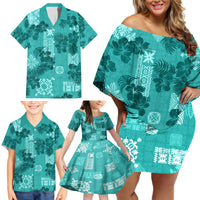 Vintage Hawaii Family Matching Off Shoulder Short Dress and Hawaiian Shirt Hibiscus Mix Hawaiian Quilt Patches - Teal LT7 - Wonder Print Shop