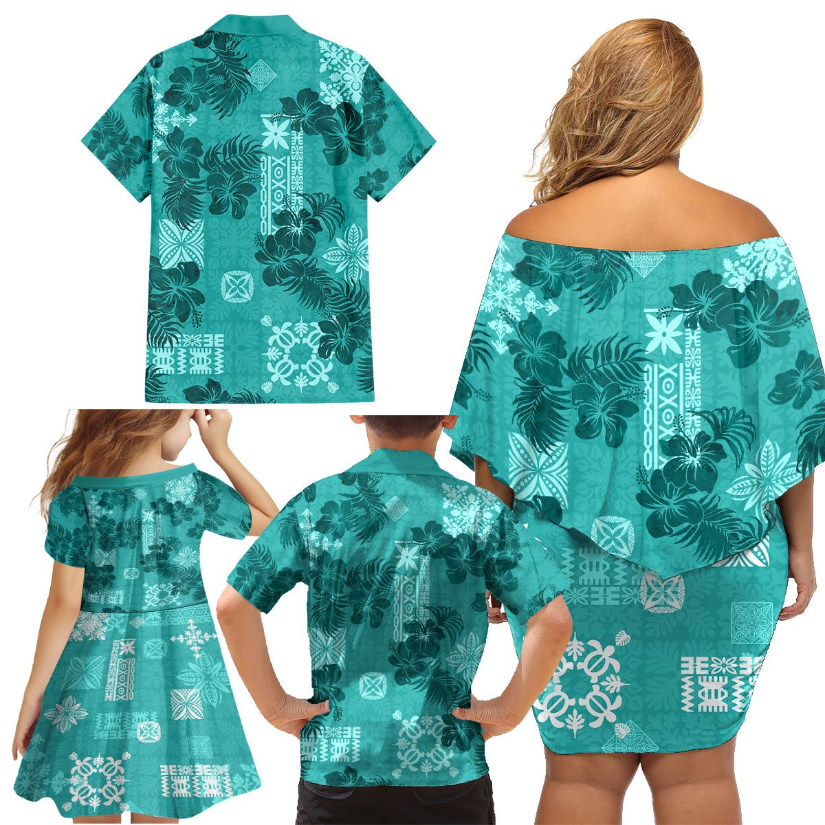 Vintage Hawaii Family Matching Off Shoulder Short Dress and Hawaiian Shirt Hibiscus Mix Hawaiian Quilt Patches - Teal LT7 - Wonder Print Shop