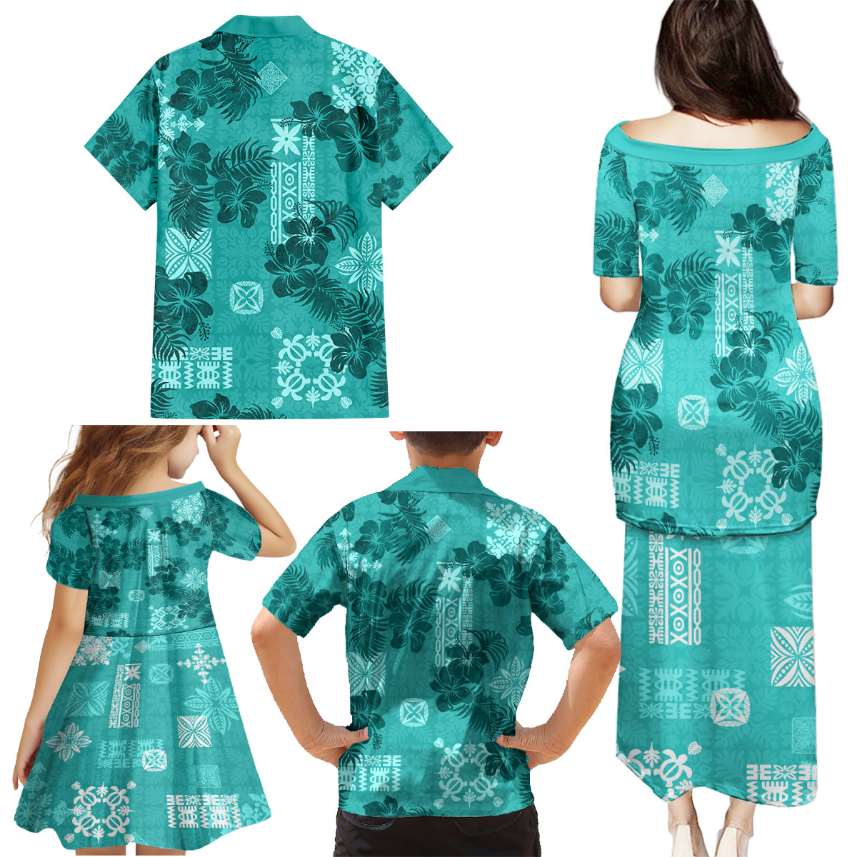 Vintage Hawaii Family Matching Puletasi Dress and Hawaiian Shirt Hibiscus Mix Hawaiian Quilt Patches - Teal - Wonder Print Shop