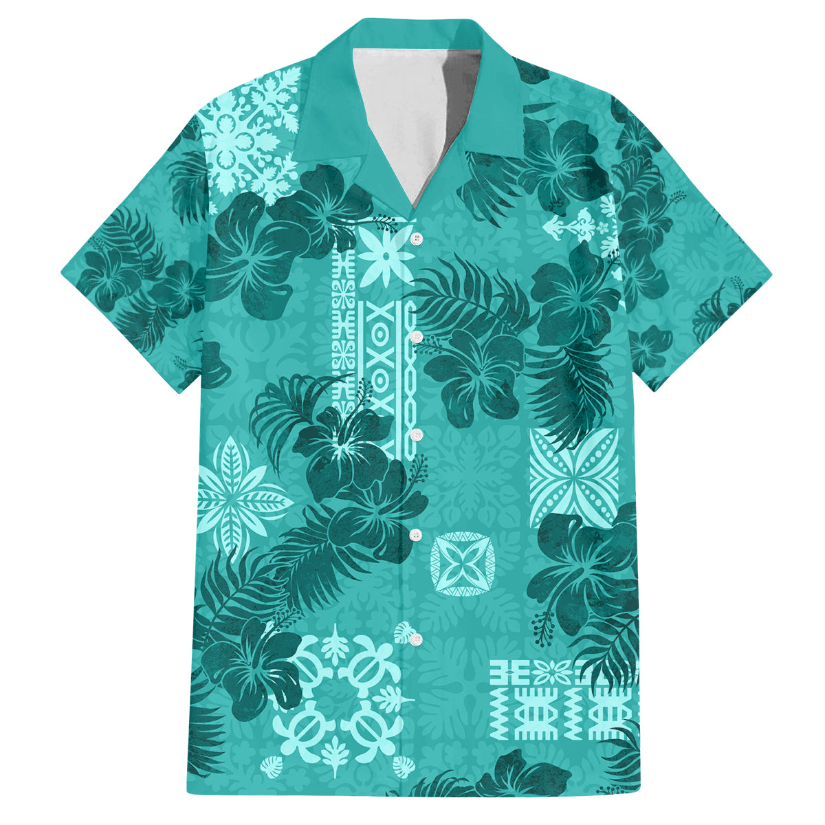 Vintage Hawaii Family Matching Puletasi Dress and Hawaiian Shirt Hibiscus Mix Hawaiian Quilt Patches - Teal - Wonder Print Shop