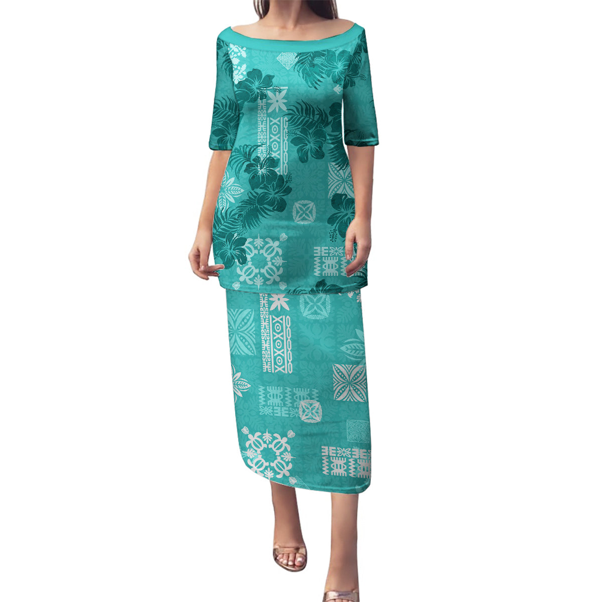 Vintage Hawaii Family Matching Puletasi Dress and Hawaiian Shirt Hibiscus Mix Hawaiian Quilt Patches - Teal - Wonder Print Shop