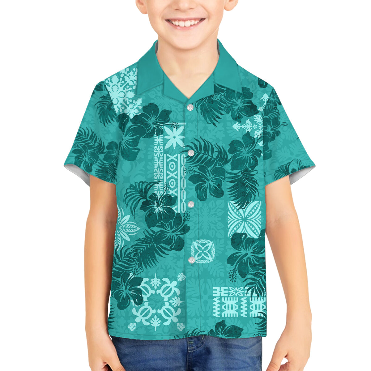 Vintage Hawaii Family Matching Puletasi Dress and Hawaiian Shirt Hibiscus Mix Hawaiian Quilt Patches - Teal - Wonder Print Shop