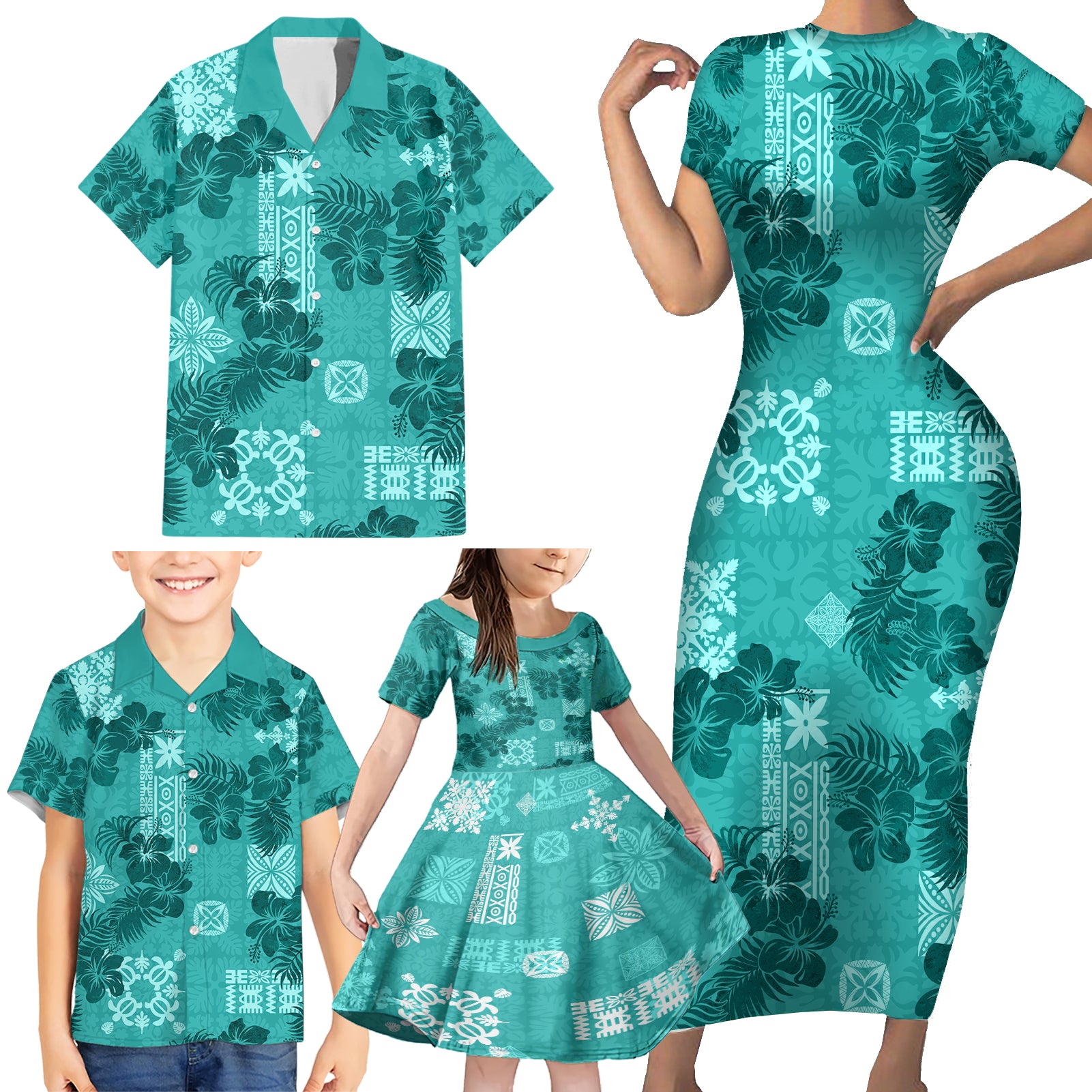 Vintage Hawaii Family Matching Short Sleeve Bodycon Dress and Hawaiian Shirt Hibiscus Mix Hawaiian Quilt Patches - Teal - Wonder Print Shop