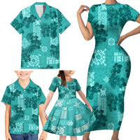 Vintage Hawaii Family Matching Short Sleeve Bodycon Dress and Hawaiian Shirt Hibiscus Mix Hawaiian Quilt Patches - Teal - Wonder Print Shop