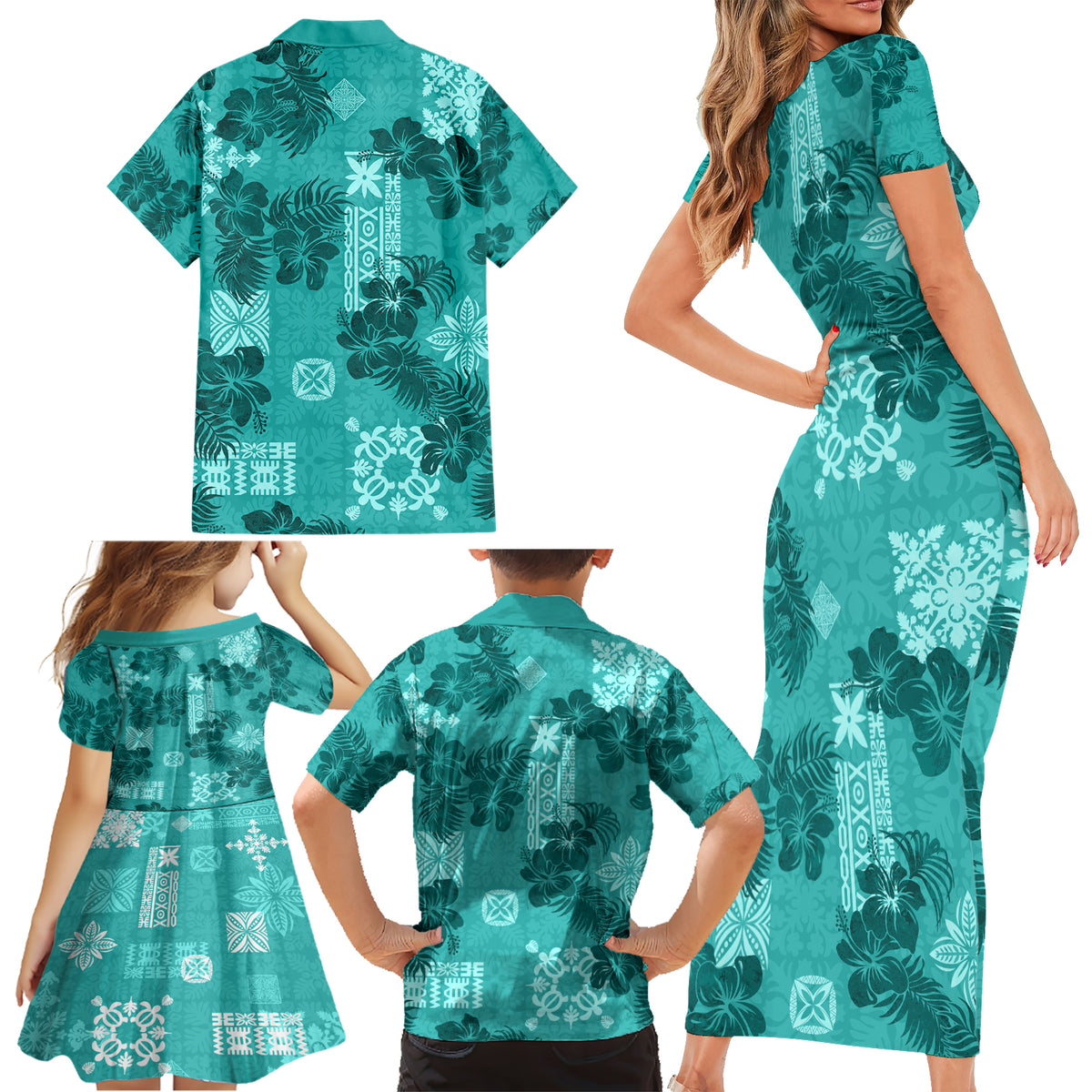 Vintage Hawaii Family Matching Short Sleeve Bodycon Dress and Hawaiian Shirt Hibiscus Mix Hawaiian Quilt Patches - Teal - Wonder Print Shop