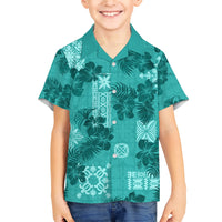 Vintage Hawaii Family Matching Short Sleeve Bodycon Dress and Hawaiian Shirt Hibiscus Mix Hawaiian Quilt Patches - Teal - Wonder Print Shop