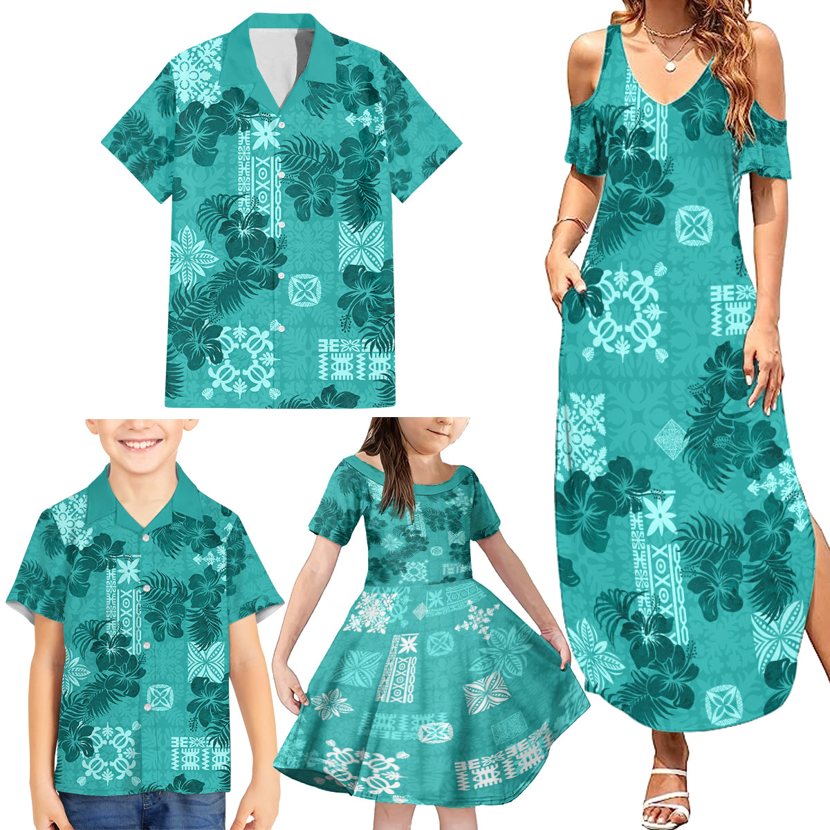 Vintage Hawaii Family Matching Summer Maxi Dress and Hawaiian Shirt Hibiscus Mix Hawaiian Quilt Patches - Teal - Wonder Print Shop