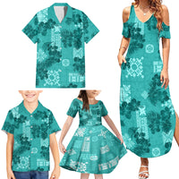 Vintage Hawaii Family Matching Summer Maxi Dress and Hawaiian Shirt Hibiscus Mix Hawaiian Quilt Patches - Teal - Wonder Print Shop