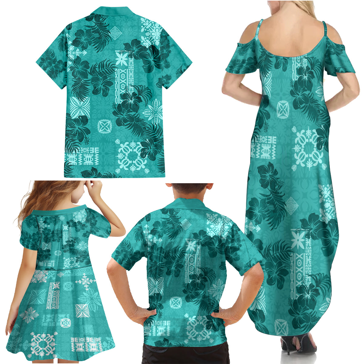 Vintage Hawaii Family Matching Summer Maxi Dress and Hawaiian Shirt Hibiscus Mix Hawaiian Quilt Patches - Teal - Wonder Print Shop